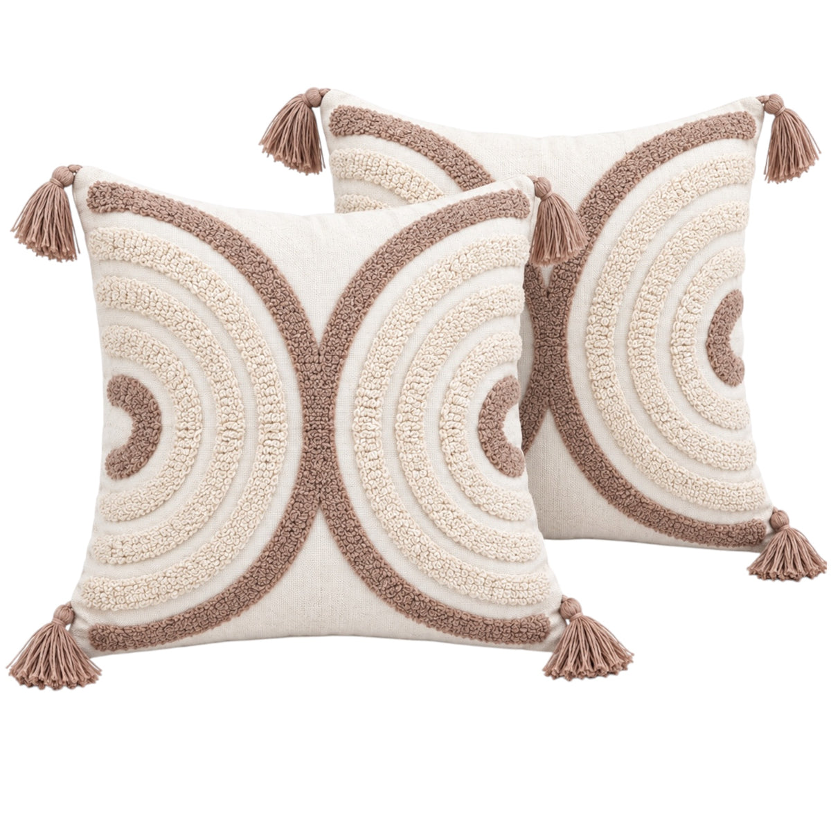 Elegant Set of 2 Tassel Cushion Covers – Oatmeal and Warm Taupe 45 x 45 cm