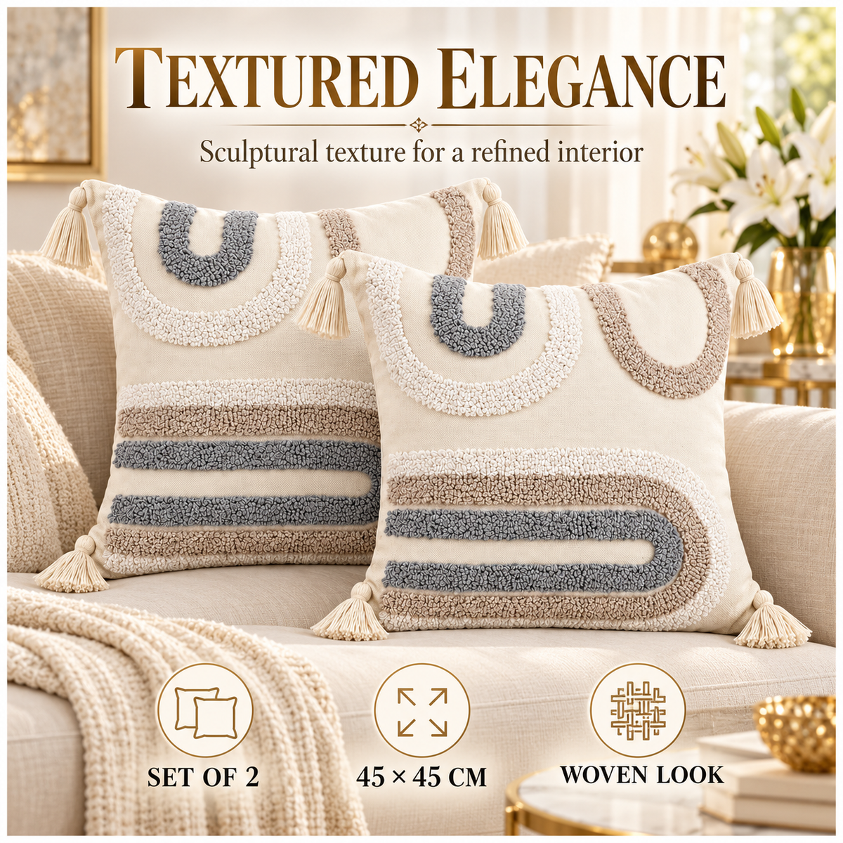 Elegant Set of 2 Boho Cushion Covers 45x45cm–Beige, Taupe and Soft Grey