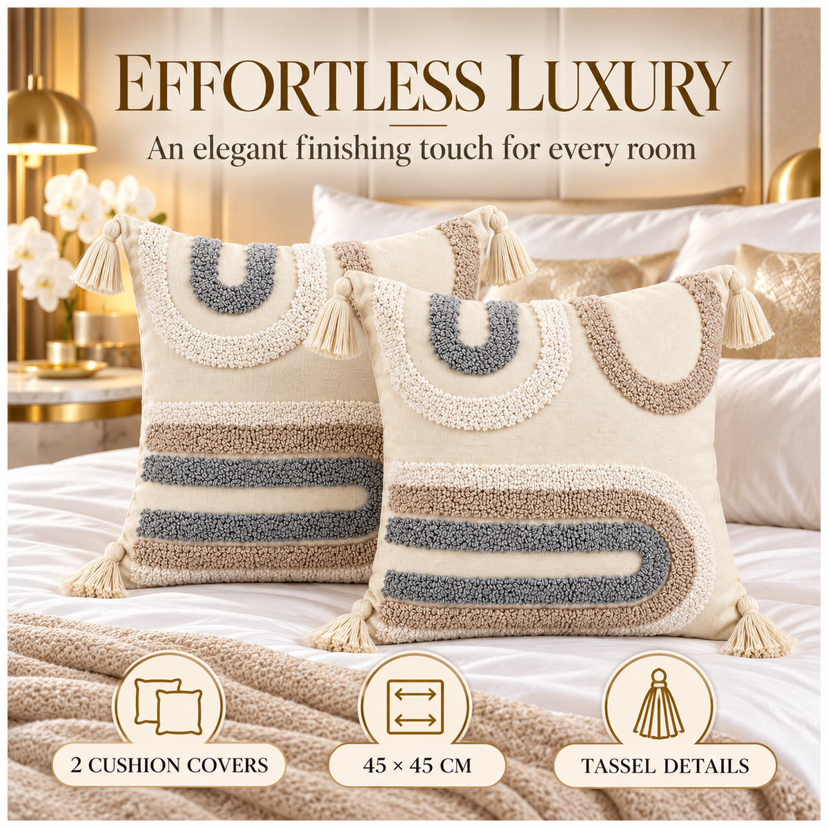 Elegant Set of 2 Boho Cushion Covers 45x45cm–Beige, Taupe and Soft Grey