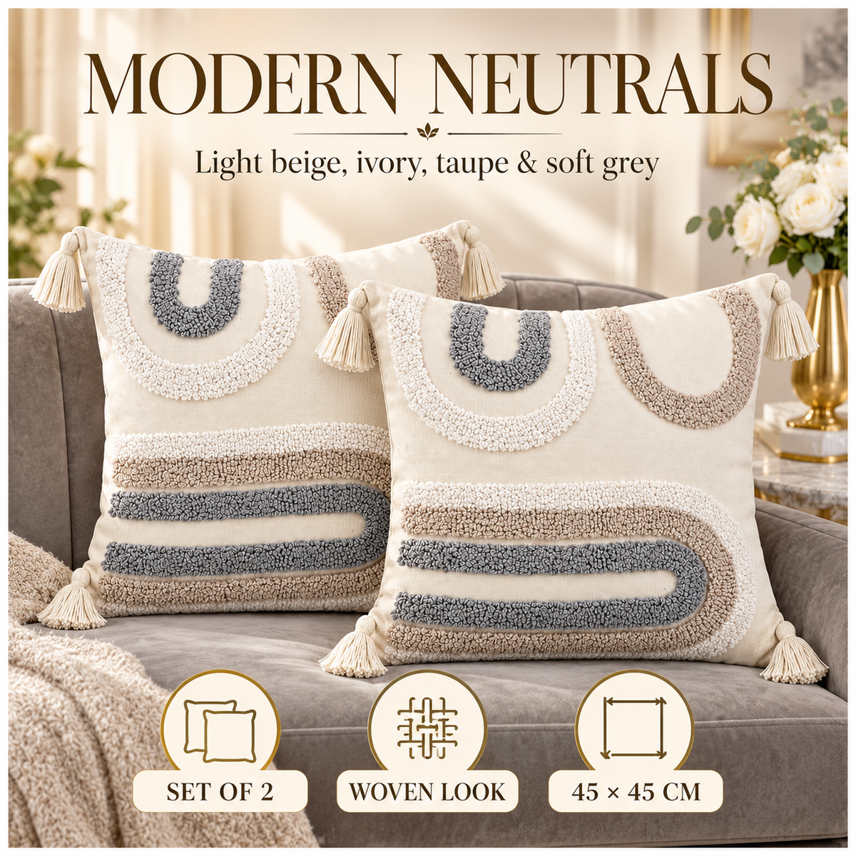 Elegant Set of 2 Boho Cushion Covers 45x45cm–Beige, Taupe and Soft Grey