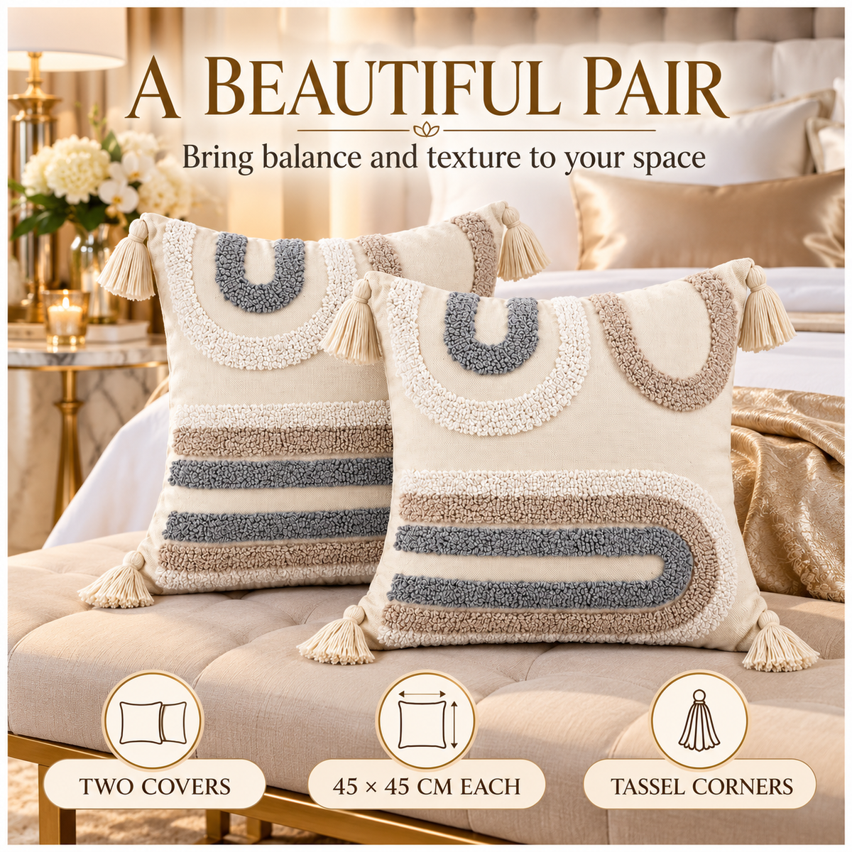 Elegant Set of 2 Boho Cushion Covers 45x45cm–Beige, Taupe and Soft Grey