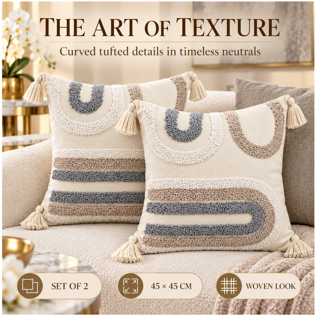 Elegant Set of 2 Boho Cushion Covers 45x45cm–Beige, Taupe and Soft Grey
