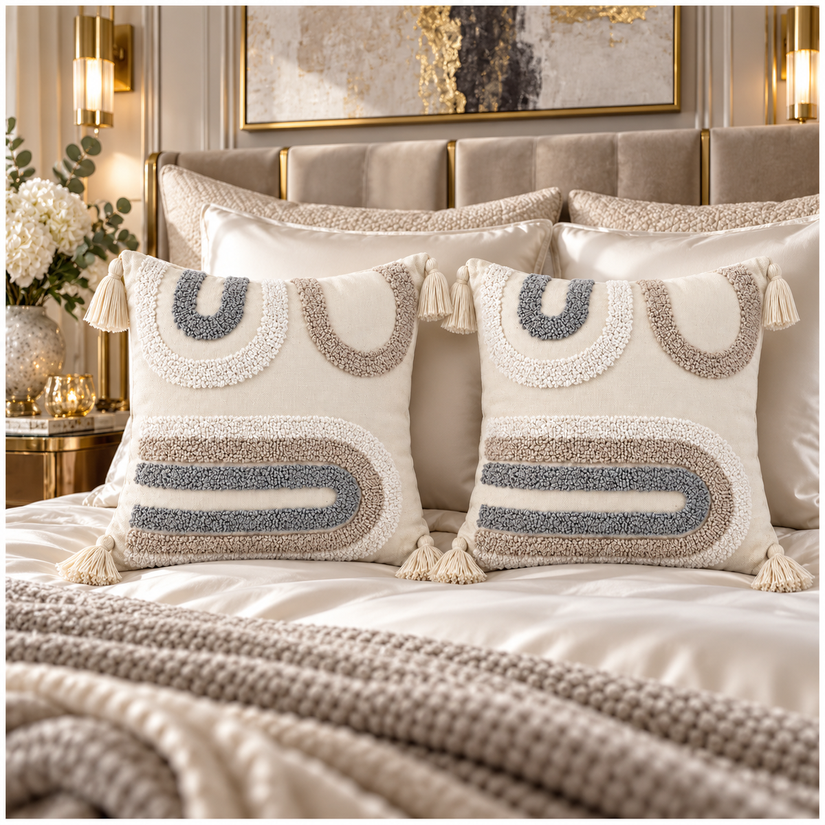 Elegant Set of 2 Boho Cushion Covers 45x45cm–Beige, Taupe and Soft Grey