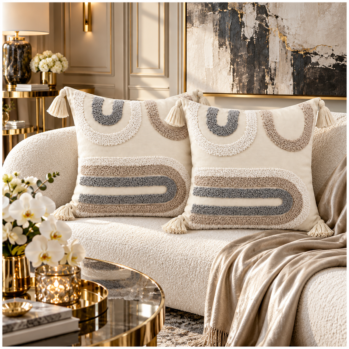 Elegant Set of 2 Boho Cushion Covers 45x45cm–Beige, Taupe and Soft Grey