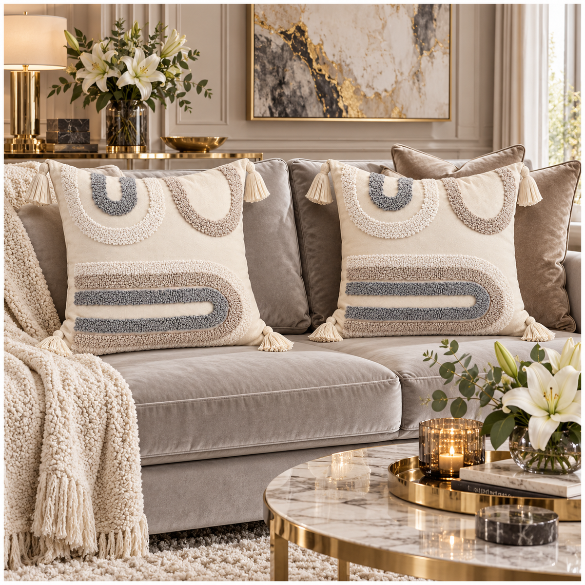 Elegant Set of 2 Boho Cushion Covers 45x45cm–Beige, Taupe and Soft Grey