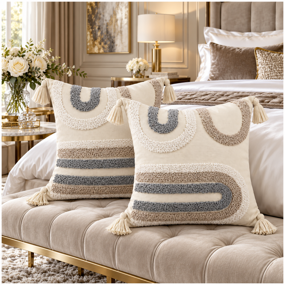 Elegant Set of 2 Boho Cushion Covers 45x45cm–Beige, Taupe and Soft Grey