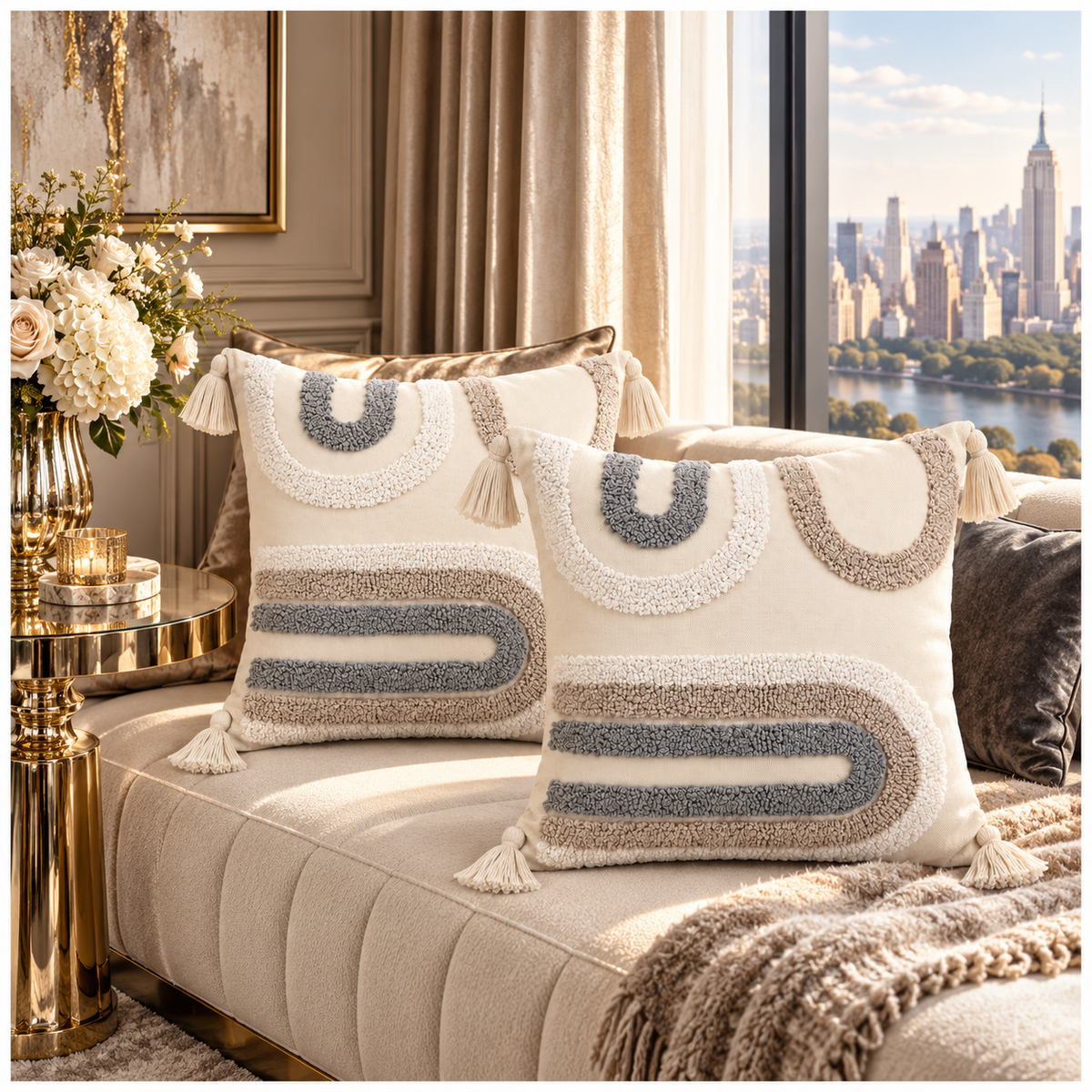 Elegant Set of 2 Boho Cushion Covers 45x45cm–Beige, Taupe and Soft Grey