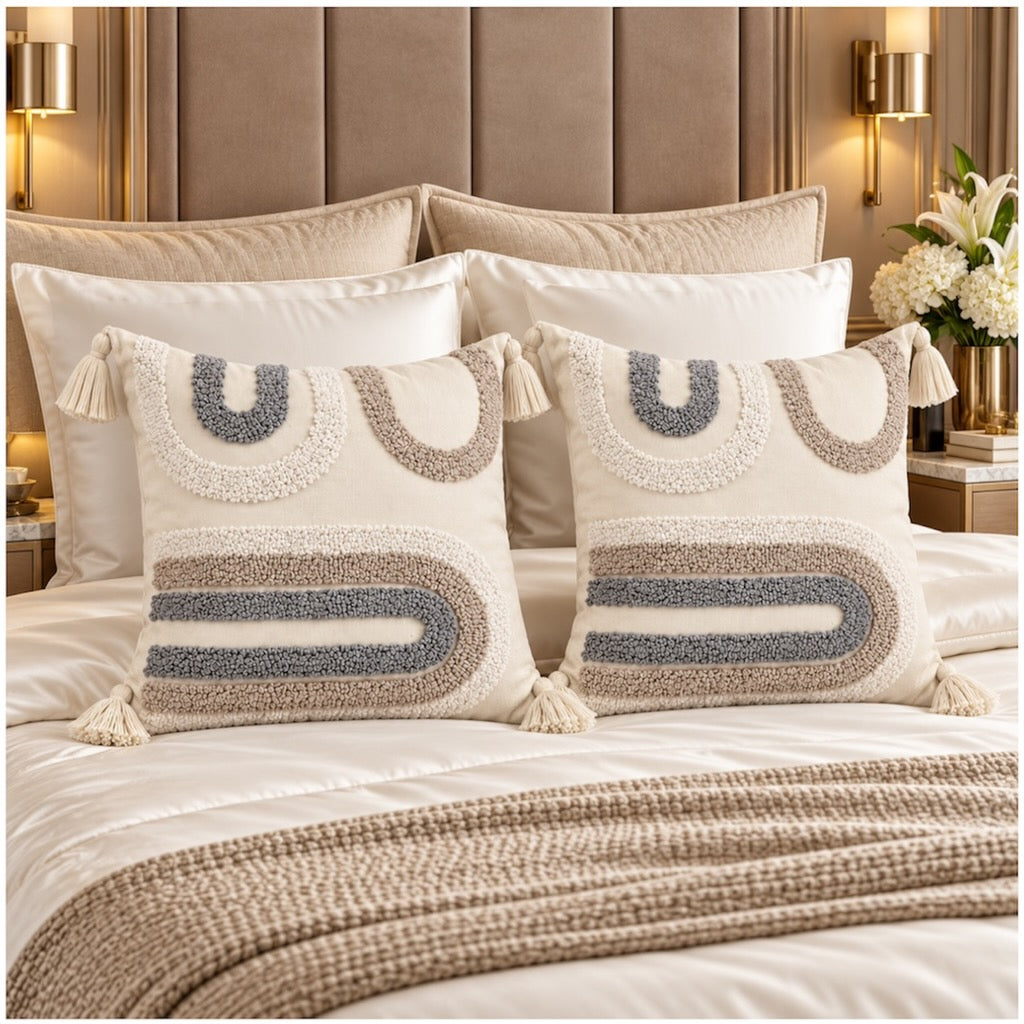 Elegant Set of 2 Boho Cushion Covers 45x45cm–Beige, Taupe and Soft Grey