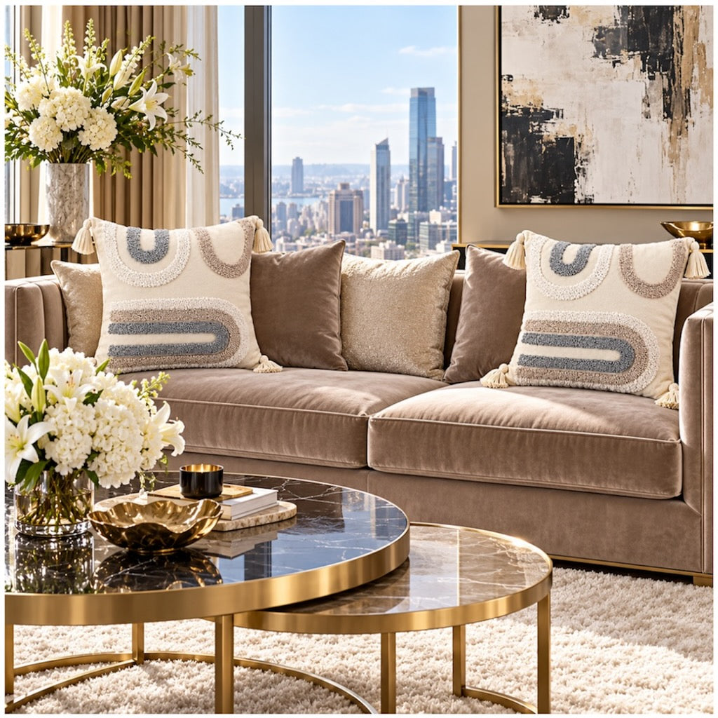 Elegant Set of 2 Boho Cushion Covers 45x45cm–Beige, Taupe and Soft Grey