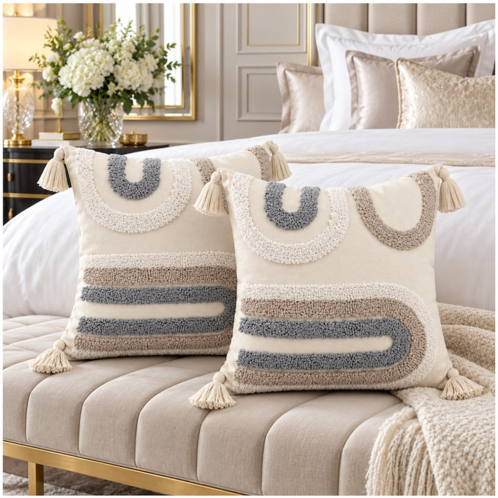Elegant Set of 2 Boho Cushion Covers 45x45cm–Beige, Taupe and Soft Grey