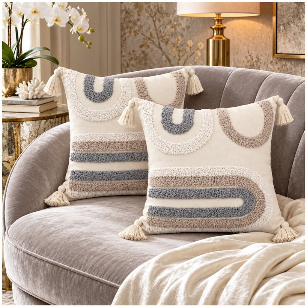 Elegant Set of 2 Boho Cushion Covers 45x45cm–Beige, Taupe and Soft Grey