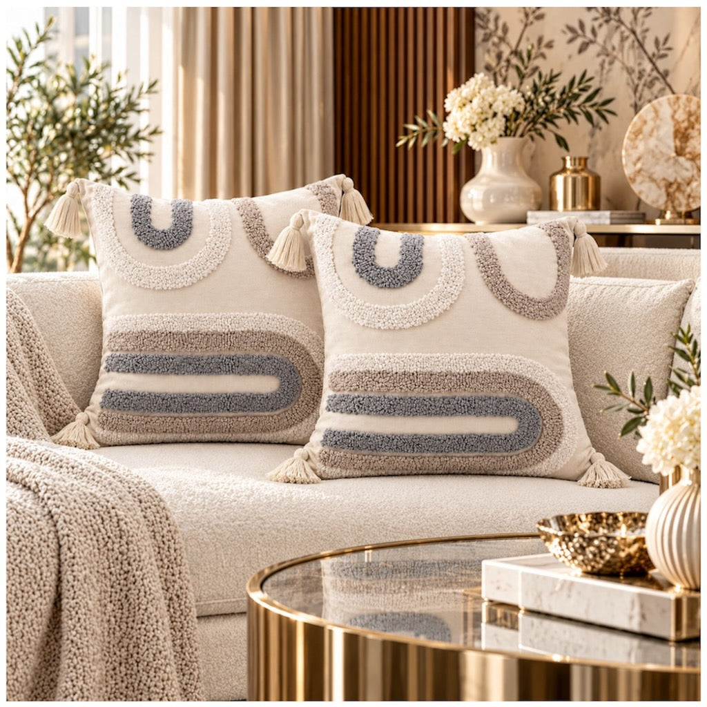 Elegant Set of 2 Boho Cushion Covers 45x45cm–Beige, Taupe and Soft Grey