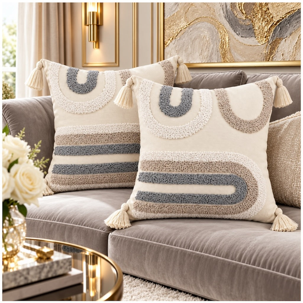 Elegant Set of 2 Boho Cushion Covers 45x45cm–Beige, Taupe and Soft Grey