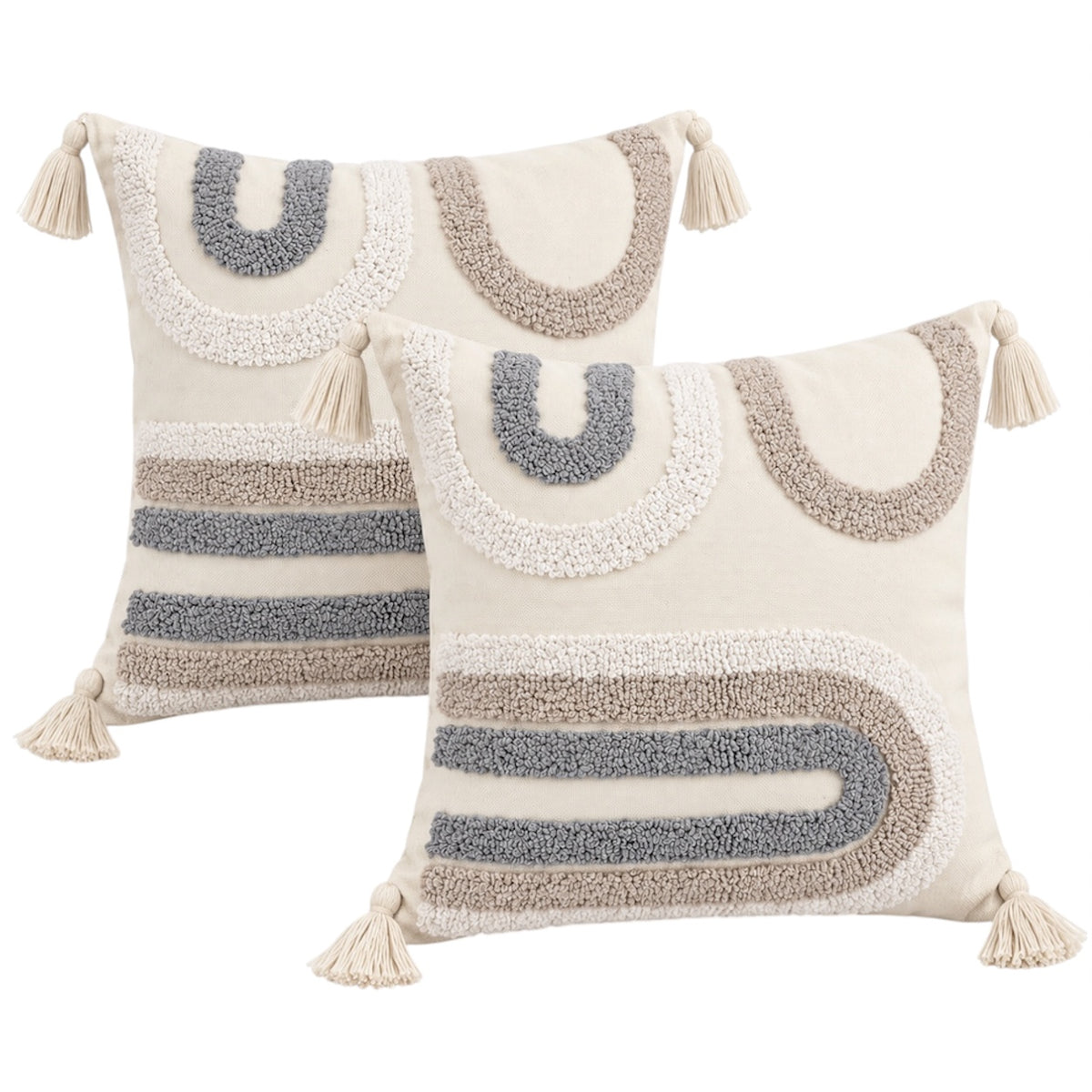 Elegant Set of 2 Boho Cushion Covers 45x45cm–Beige, Taupe and Soft Grey