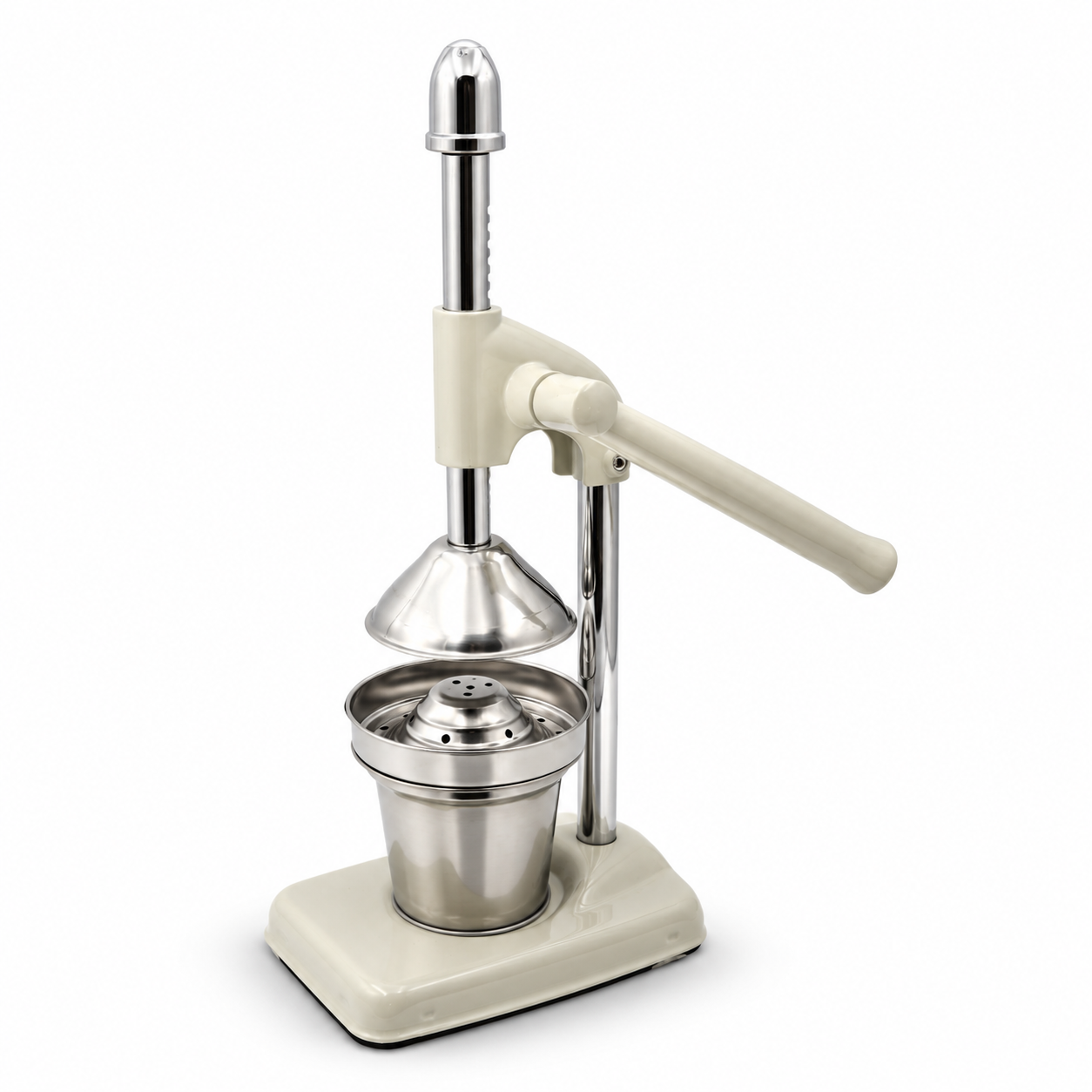 Manual juicer with a white base and silver components on a white background