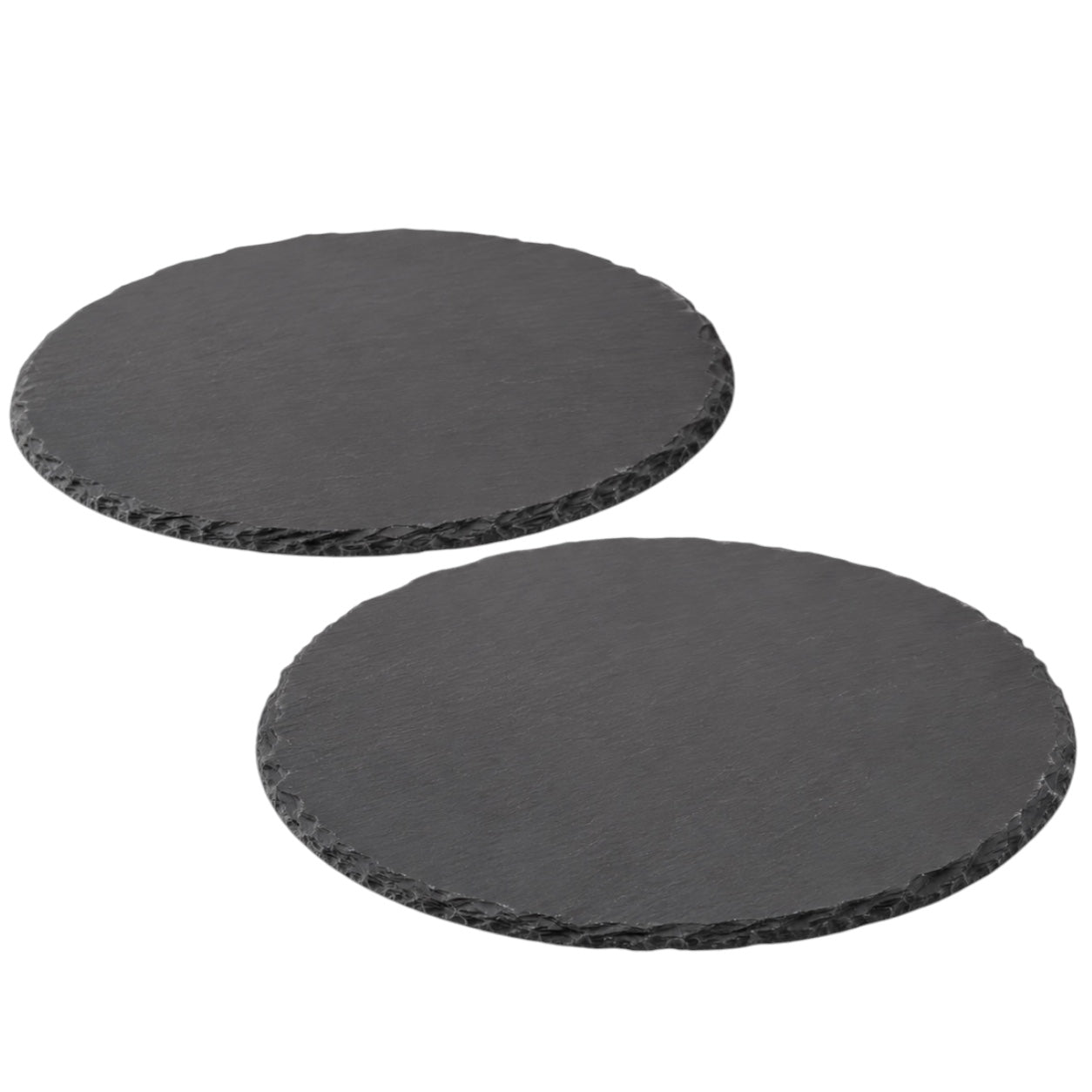 Two round black slate platters on a white background