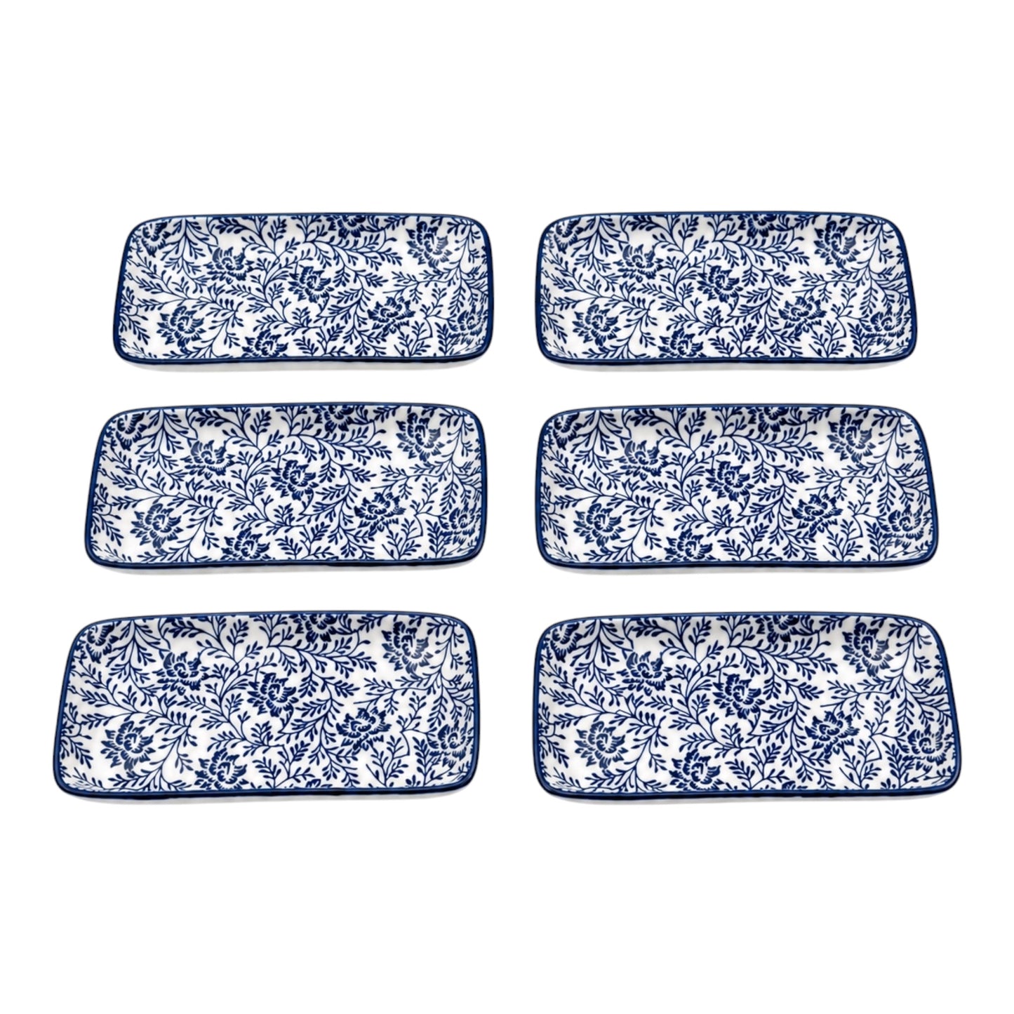 Set of six blue and white floral patterned rectangular plates on a white background