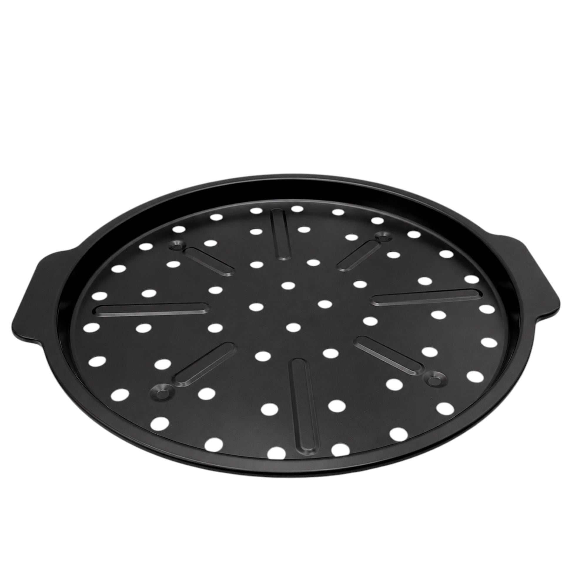 Black perforated Pizza baking tray on a white background