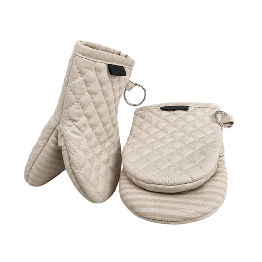 Beige quilted oven mitt and pot holder set on a white background