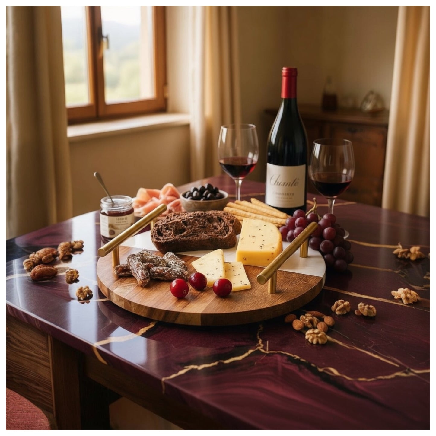 Marble and Wooden Platter with Gold Handles