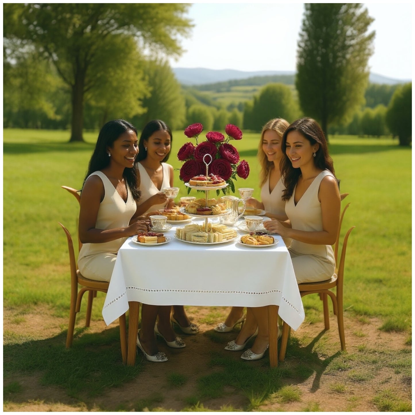 Luxury White Hemstitch Tablecloth-140cm x 180cm