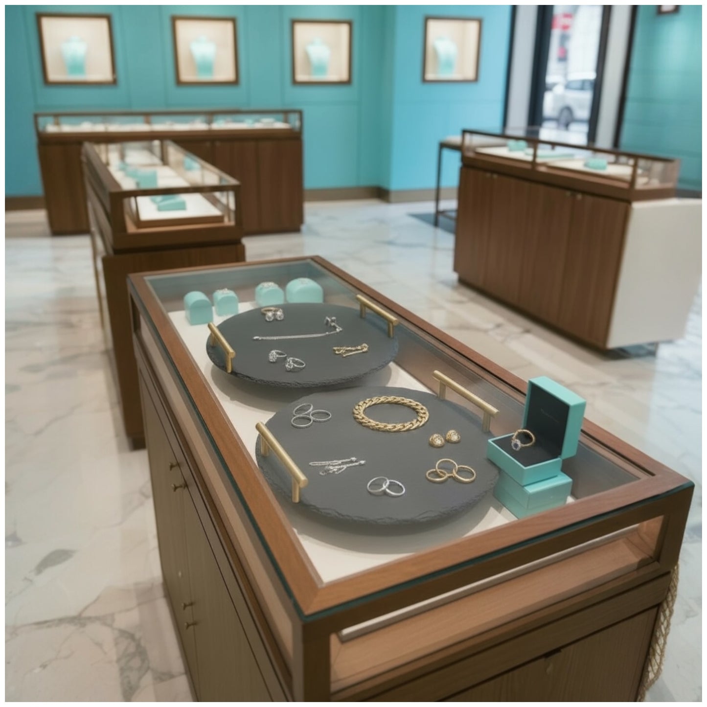 Midnight Slate Round Serving Tray With Metallic Gold Handles