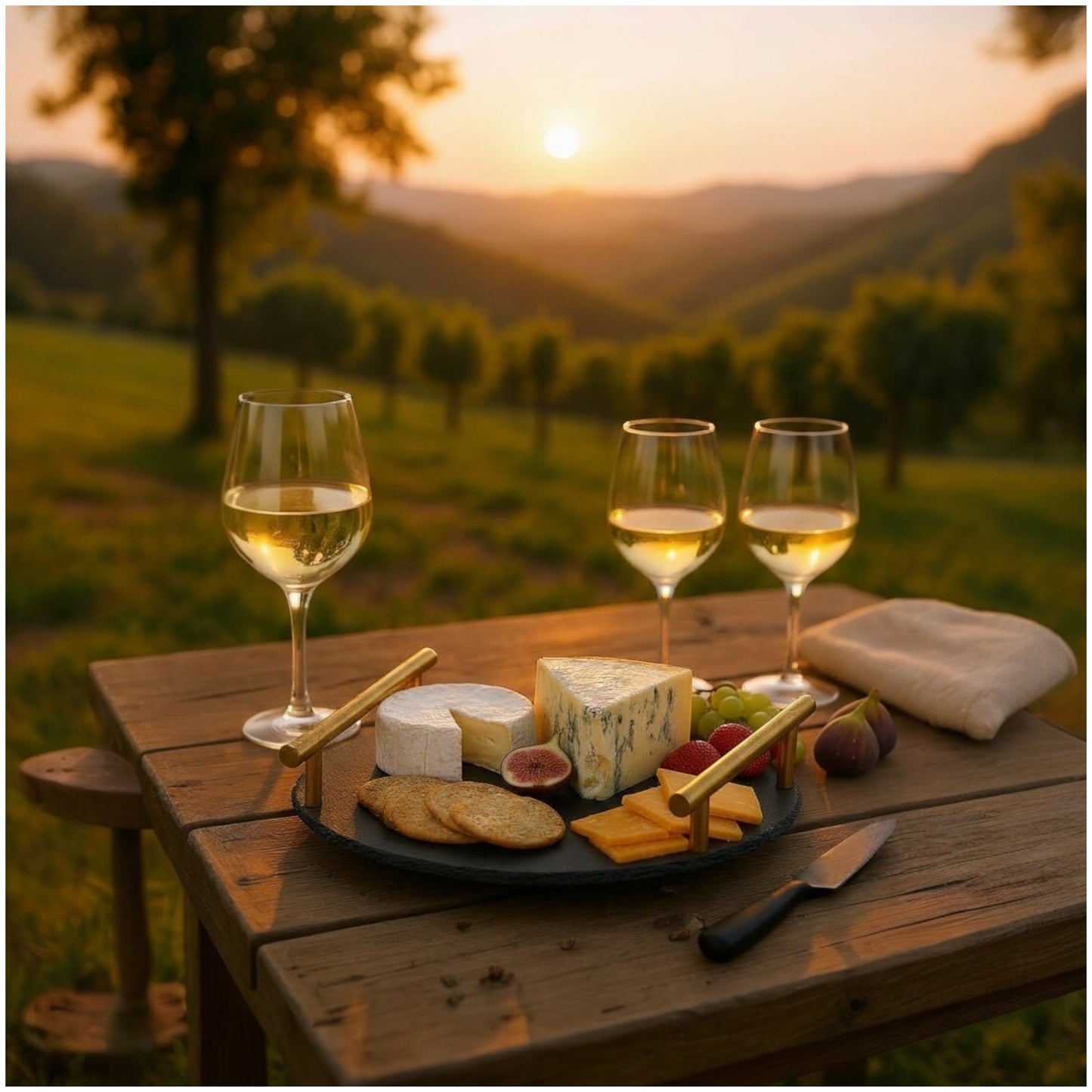Midnight Slate Round Serving Tray With Metallic Gold Handles