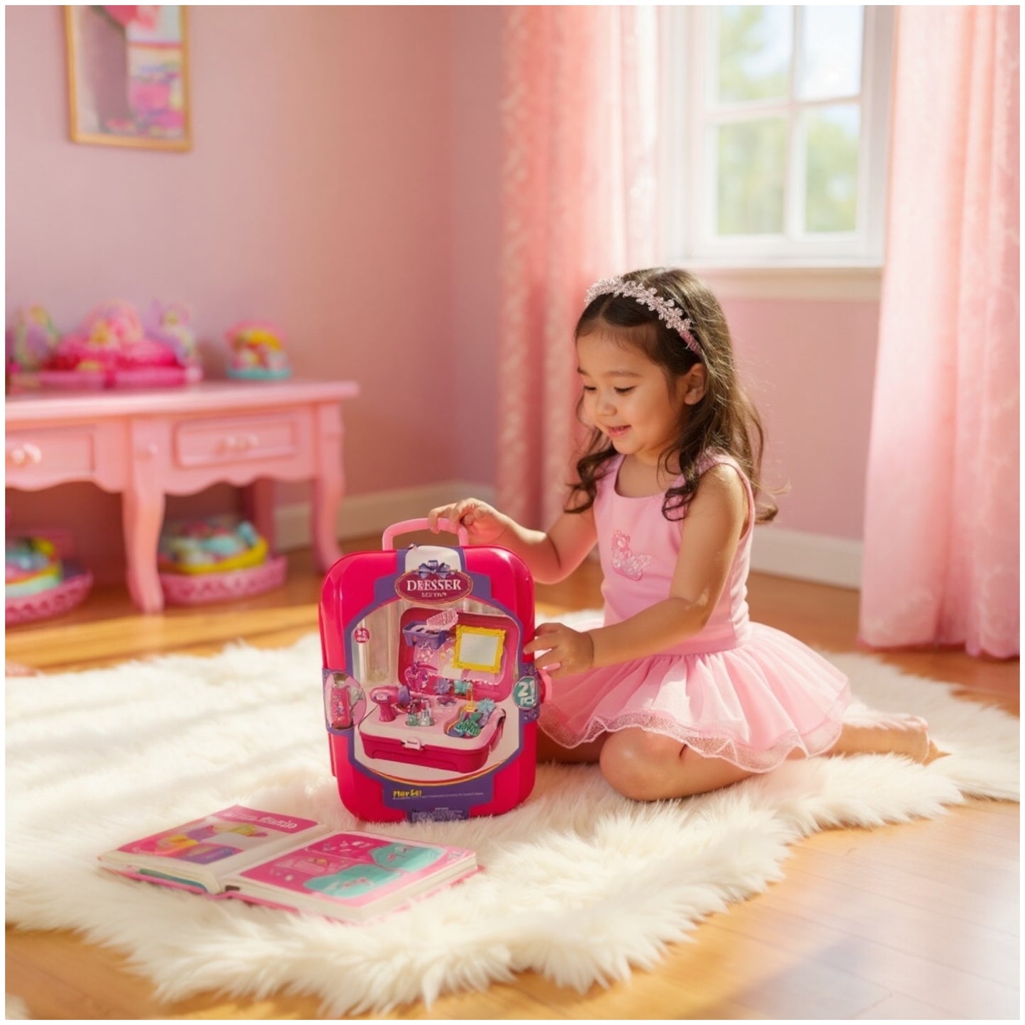 Toy 21-Piece Dresser Backpack Play Set – Portable Vanity Toy for Girls (Pink)