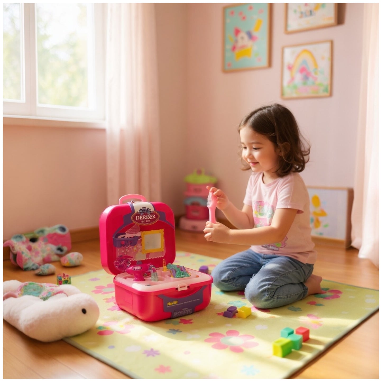 Toy 21-Piece Dresser Backpack Play Set – Portable Vanity Toy for Girls (Pink)