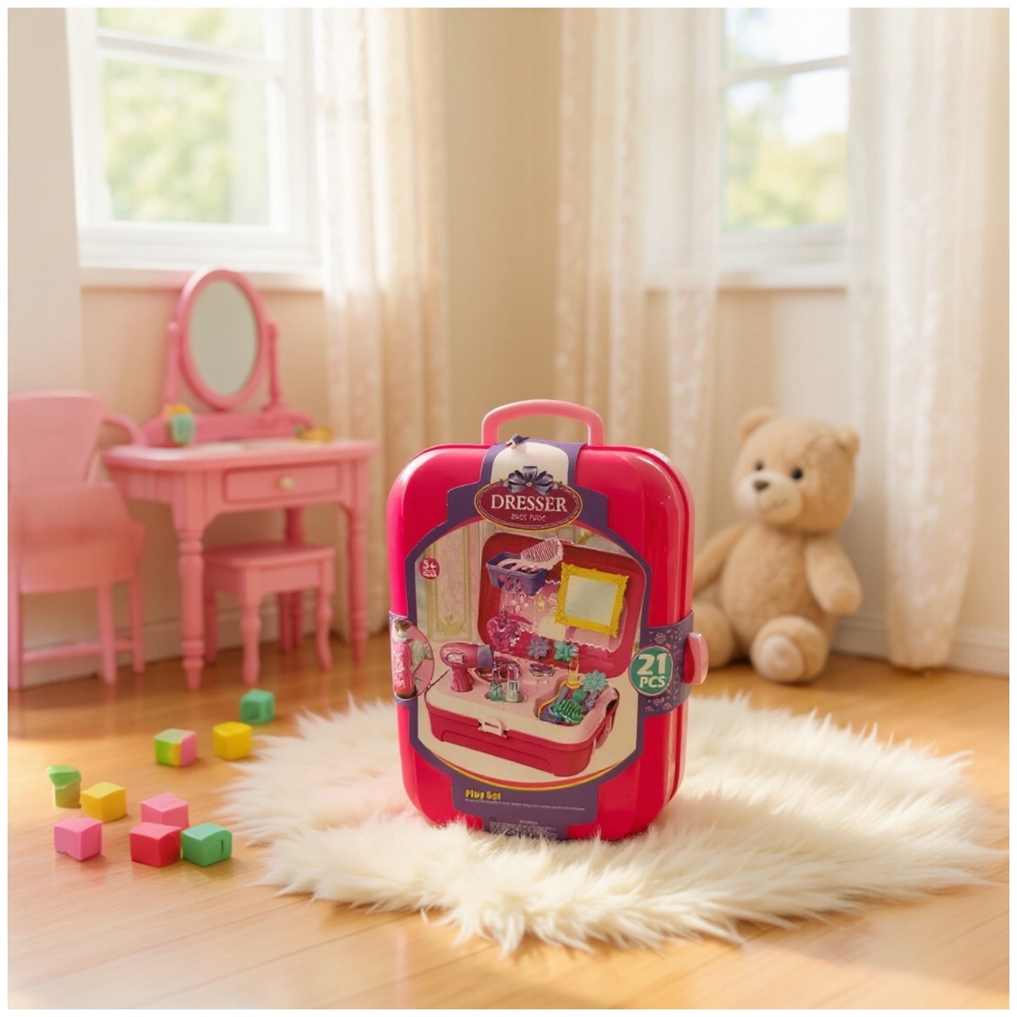 Toy 21-Piece Dresser Backpack Play Set – Portable Vanity Toy for Girls (Pink)
