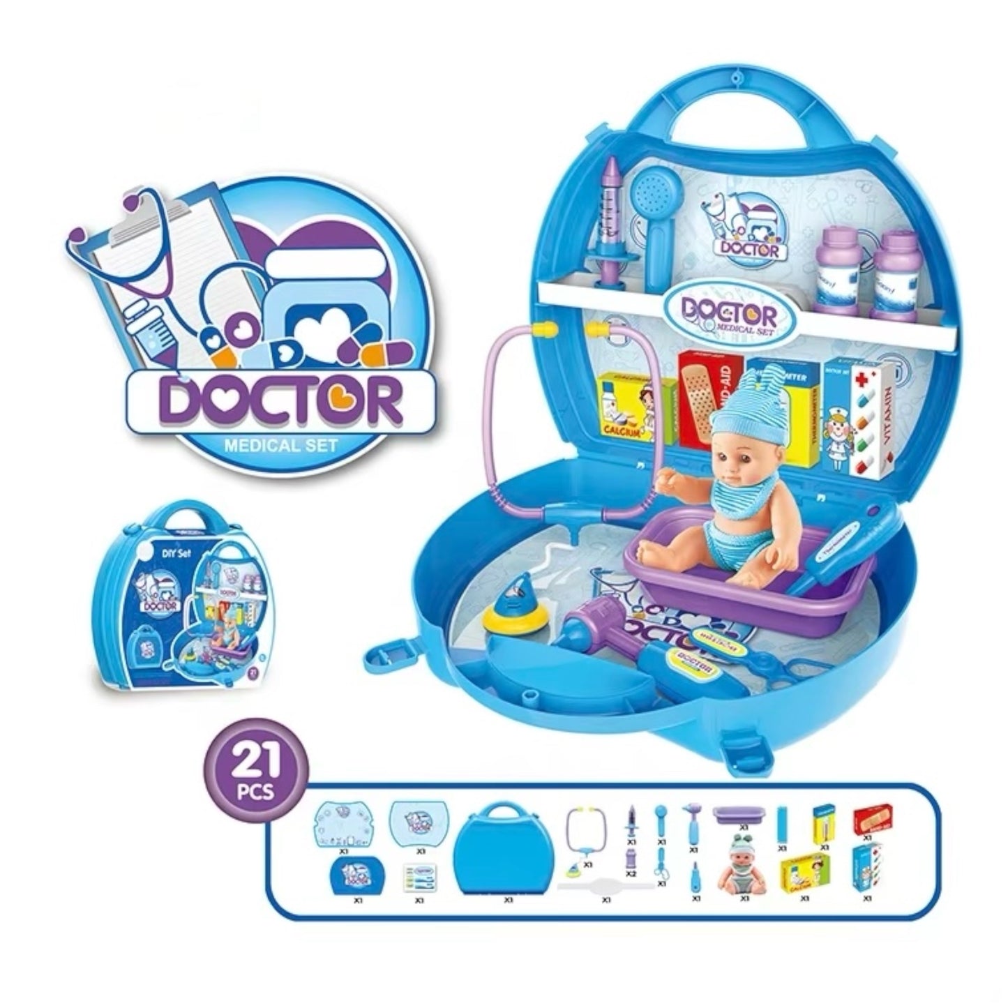 Toy Doctor Medical DIY Set – 21-Piece Play Kit with Baby Doll