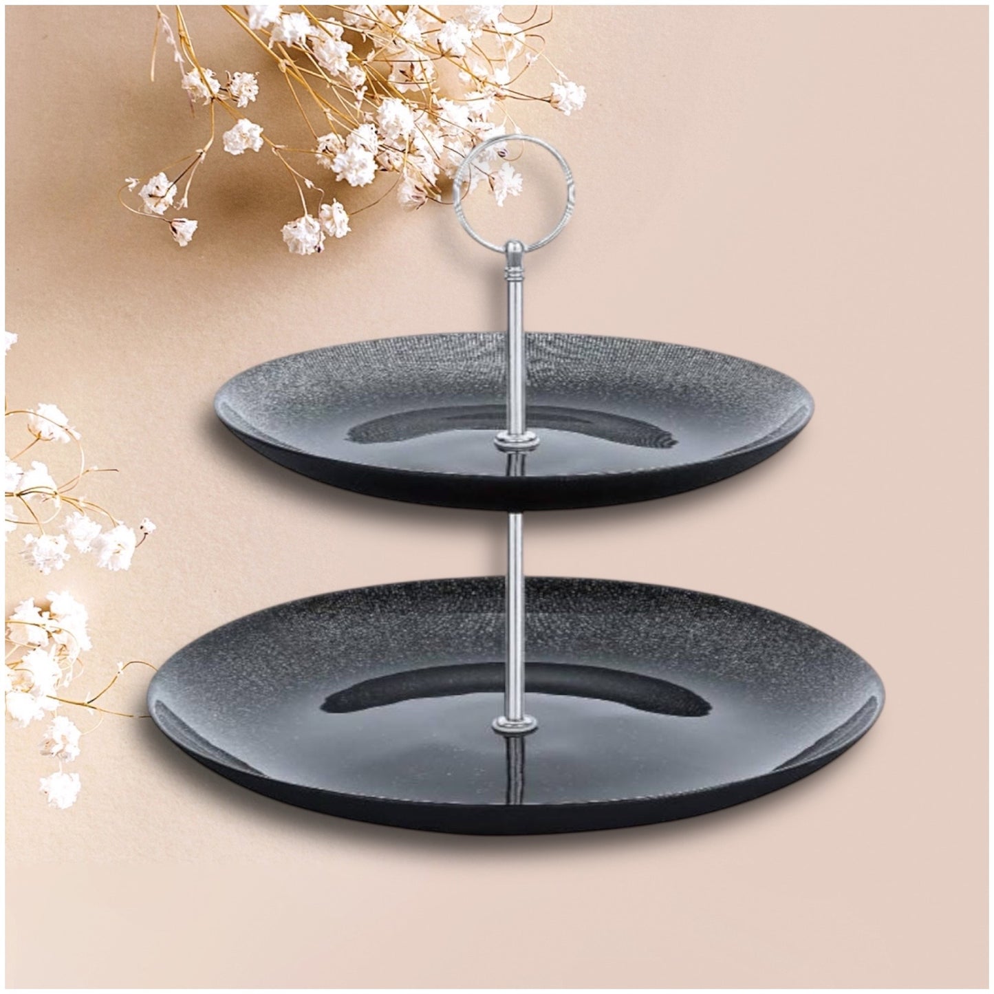 2-Tier Black Glass Dessert Stand – Elegant Serving Tray for Cakes, Pastries & High Tea