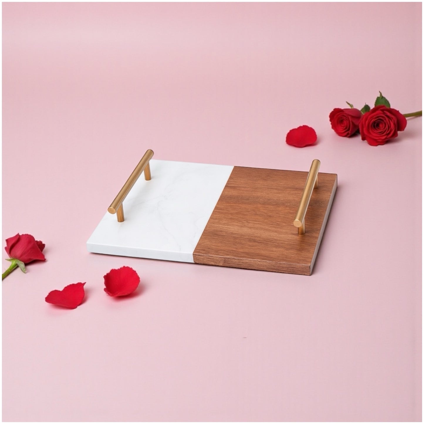Elegant Marble and Acacia Wooden Serving Platter with Gold Handles
