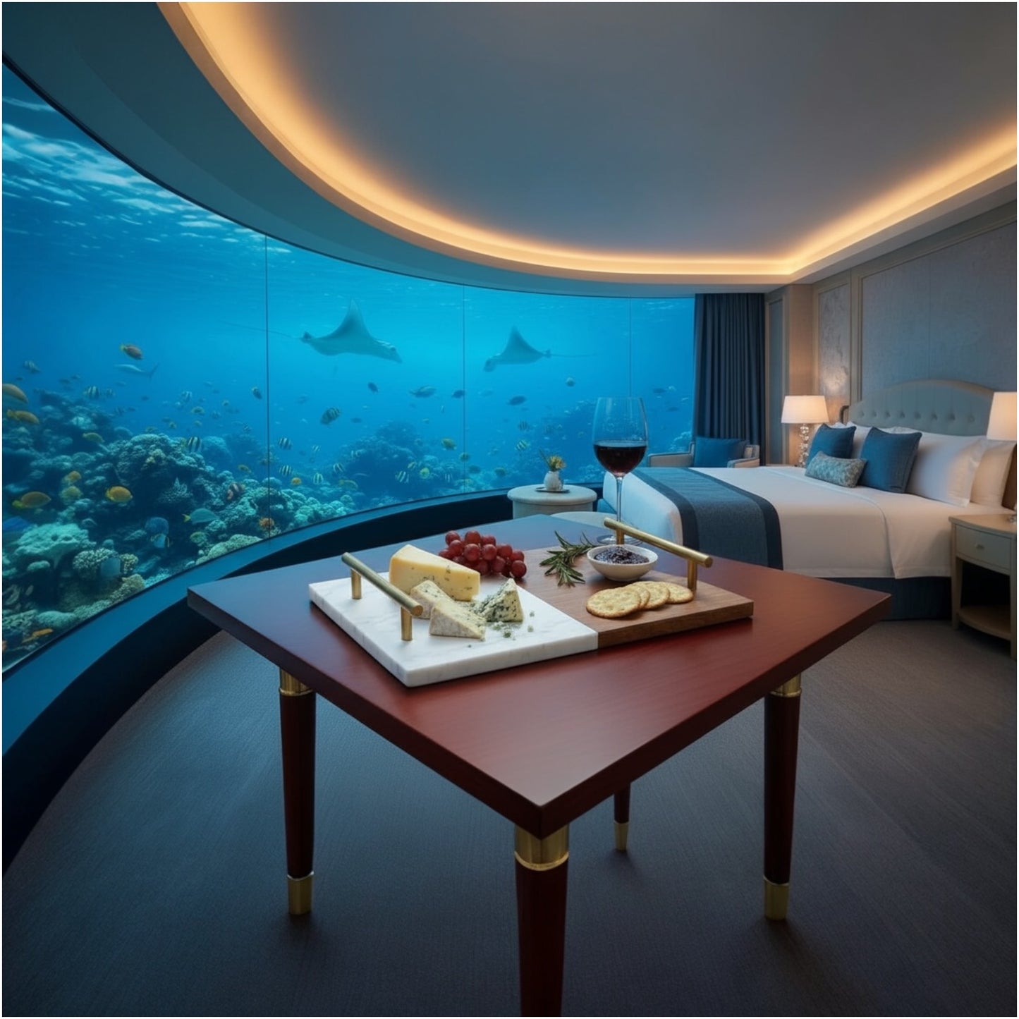 Elegant Marble and Acacia Wooden Serving Platter with Gold Handles