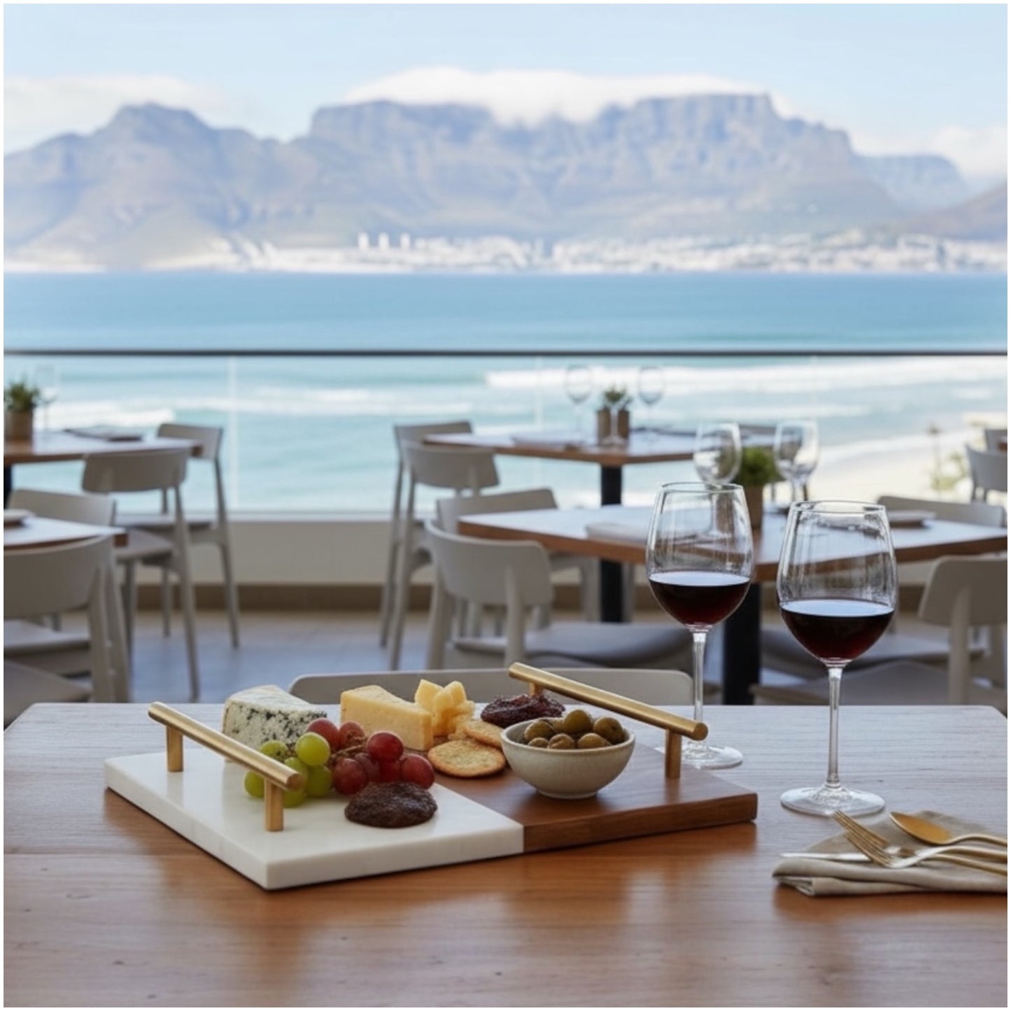 Elegant Marble and Acacia Wooden Serving Platter with Gold Handles
