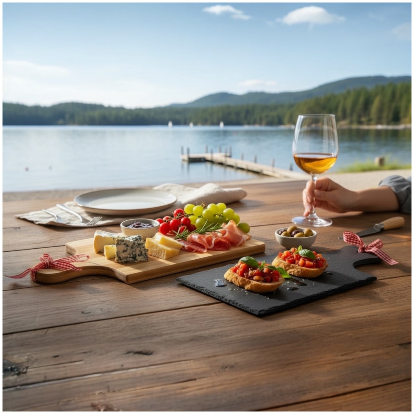 Two-Tone Bamboo & Stoneware Serving Boards - Set of 2