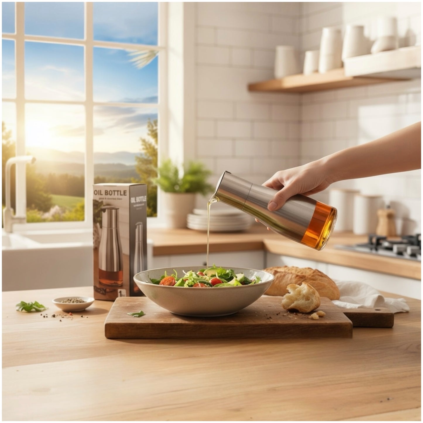 Stainless Steel & Glass Oil Bottle – 320 ml Non-Drip Dispenser