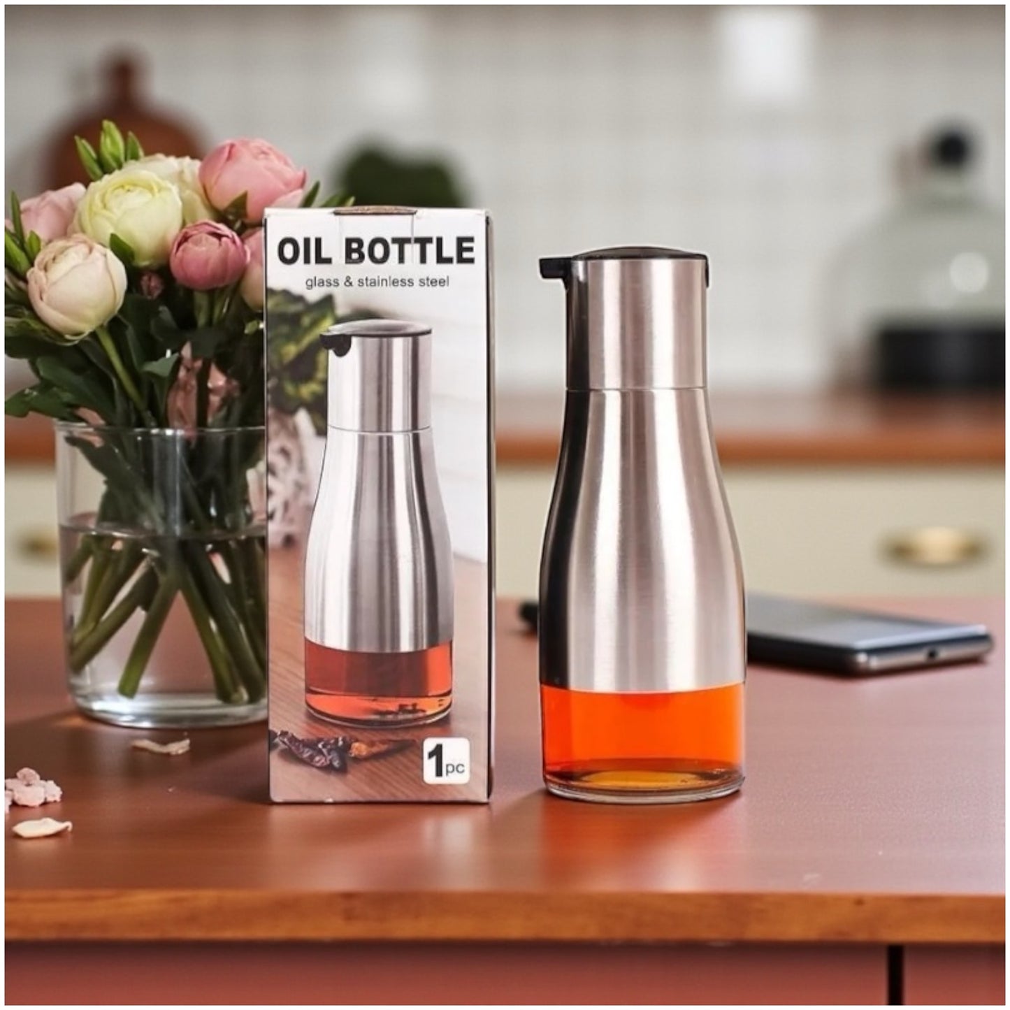 Stainless Steel & Glass Oil Bottle – 320 ml Non-Drip Dispenser