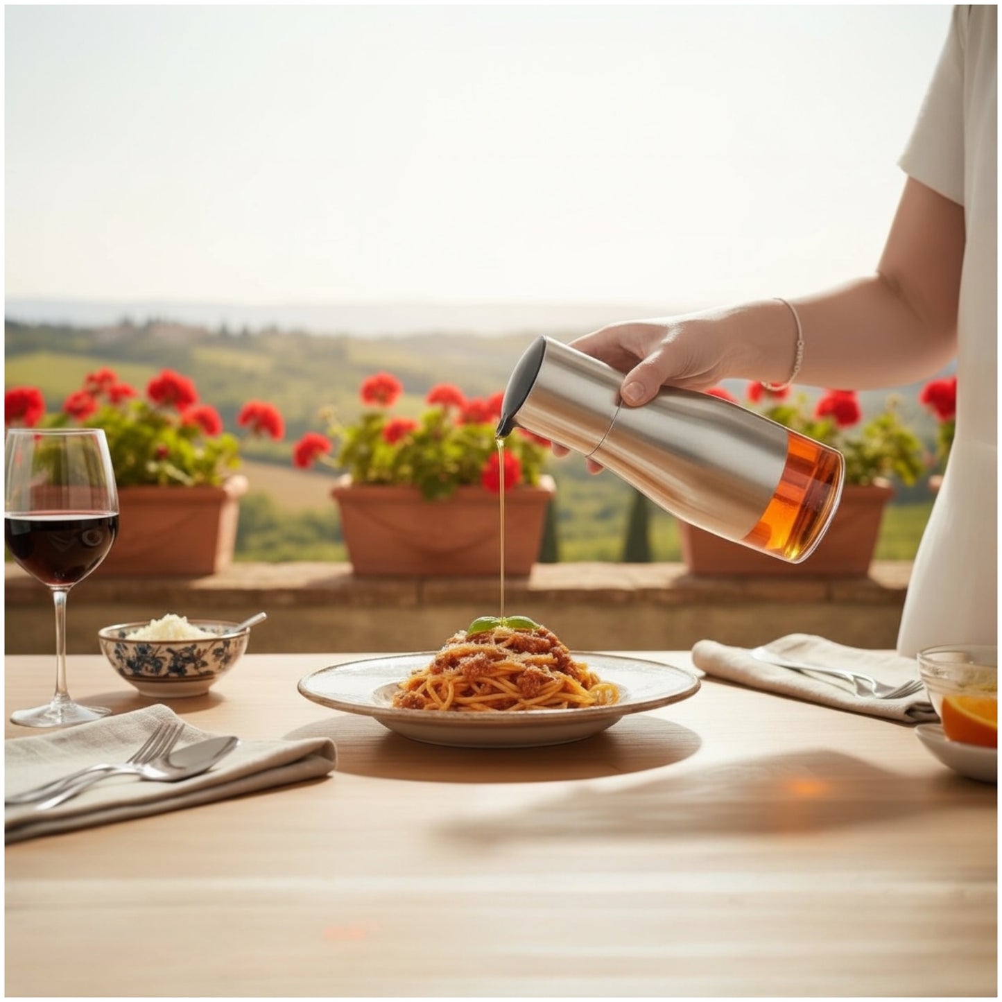 Stainless Steel & Glass Oil Bottle – 320 ml Non-Drip Dispenser