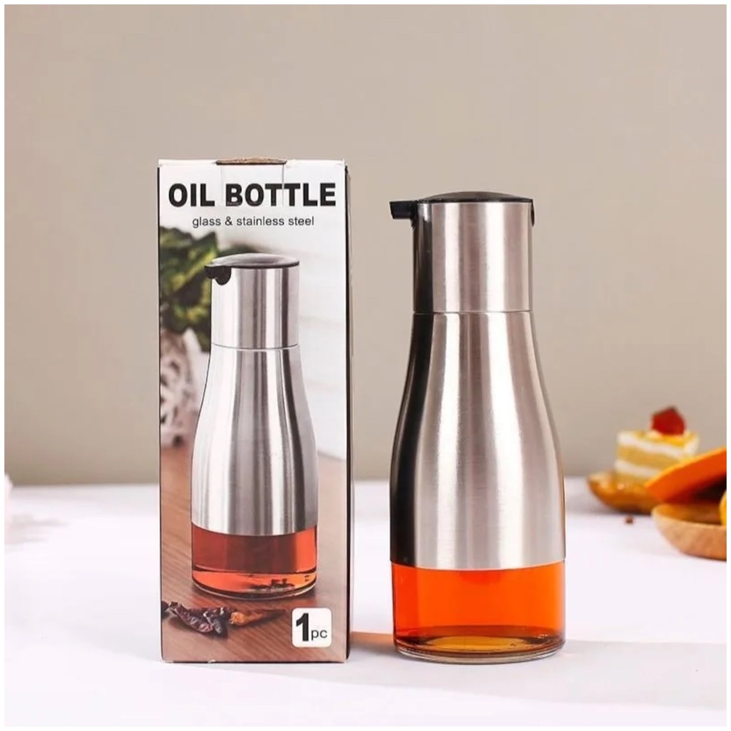 Stainless Steel & Glass Oil Bottle – 320 ml Non-Drip Dispenser