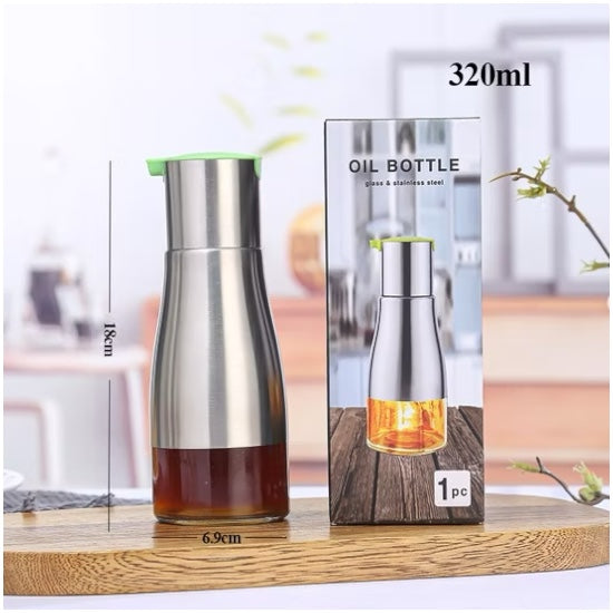Stainless Steel & Glass Oil Bottle – 320 ml Non-Drip Dispenser