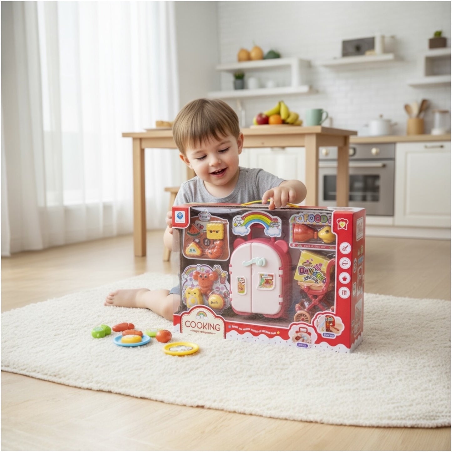 Toy Kids Cooking Refrigerator Playset – Pretend Kitchen Toy with Food Accessories (38×26×9 cm)