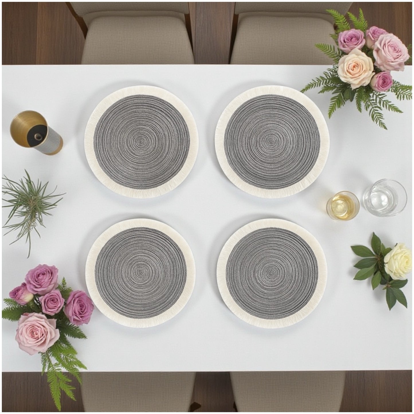 Stylish Set of Four Round Woven look Placemats–Natural Fibre Fringe Design