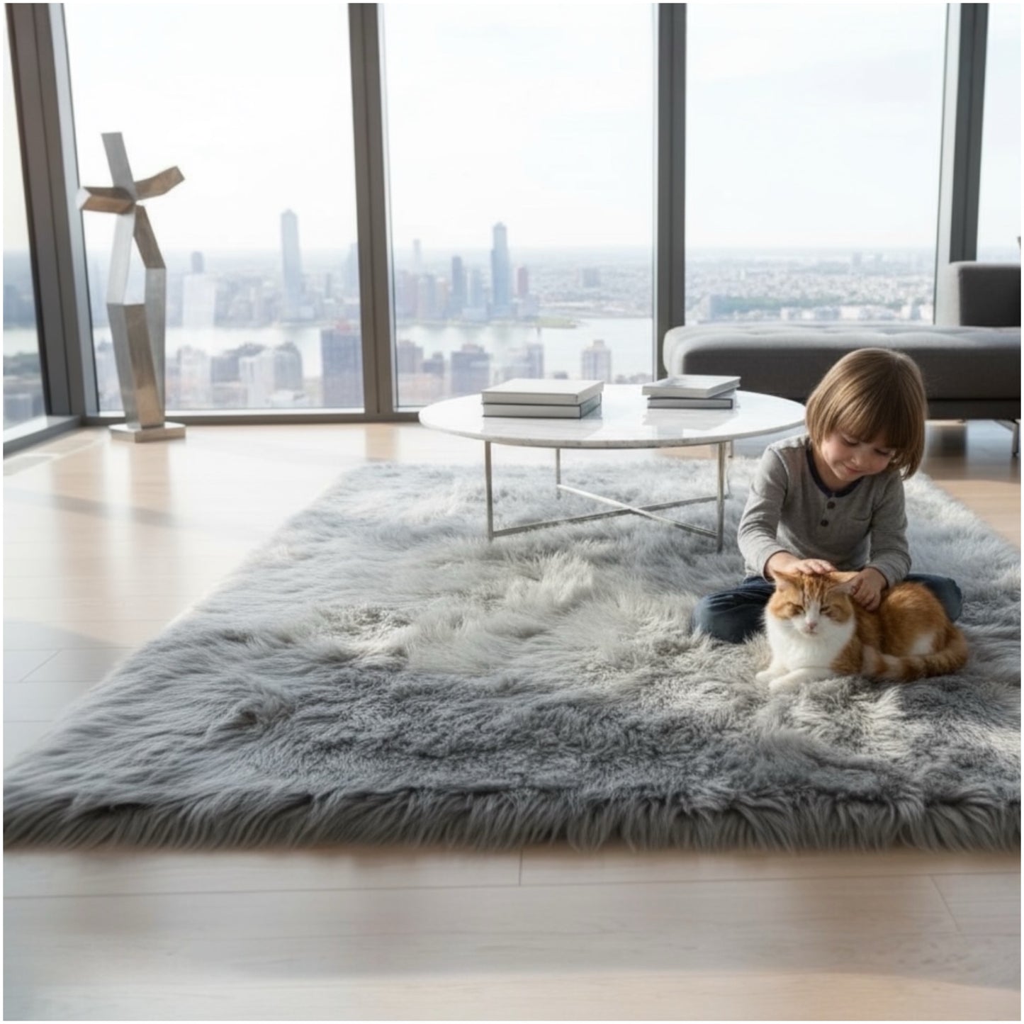 Luxury Thick Grey Faux Fur Carpet – 180 cm × 120 cm
