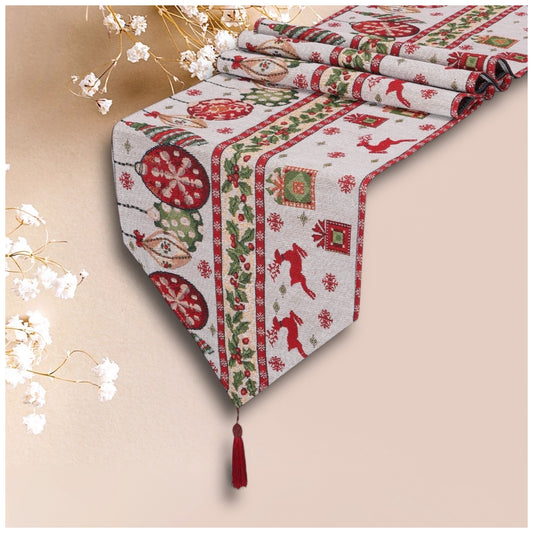 Festive Christmas Table Runner with Tassels – 35 × 180 cm | Red & Green Holiday Dining Décor