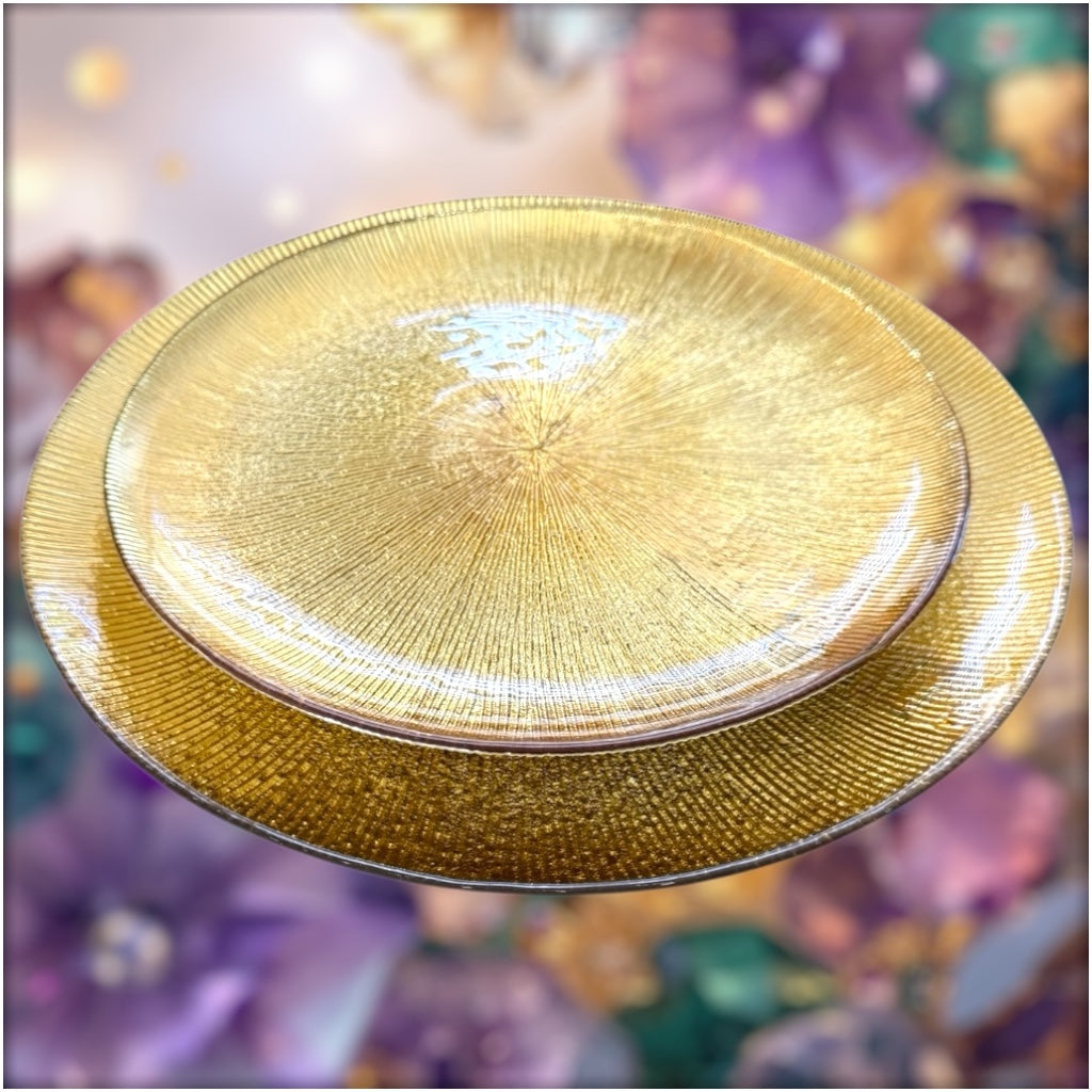 Luxury Shimmer Gold Glass Dinner Plates – 27 cm & 33 cm Set | Elegant Textured Finish for Modern Dining & Entertaining
