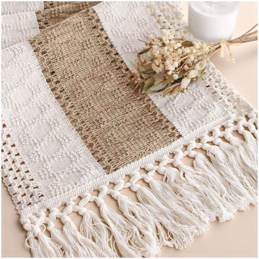 Handcrafted Boho Macramé Table Runner – Natural Cotton, Cream & Brown
