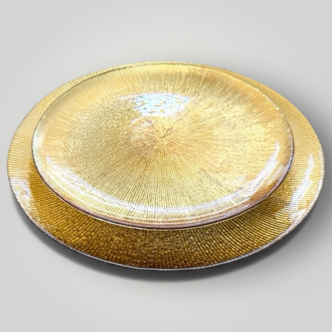 Luxury Shimmer Gold Glass Dinner Plates – 27 cm & 33 cm Set | Elegant Textured Finish for Modern Dining & Entertaining