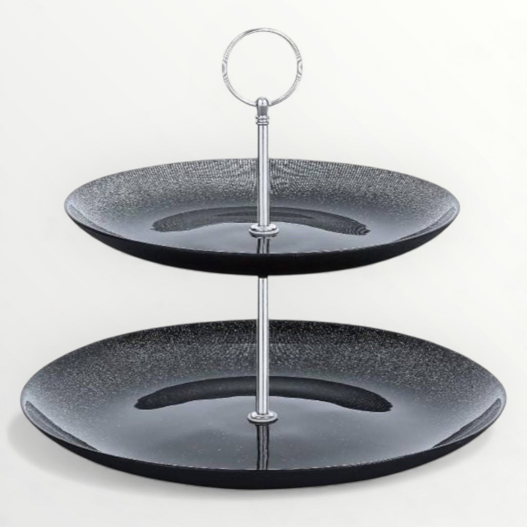2-Tier Black Glass Dessert Stand – Elegant Serving Tray for Cakes, Pastries & High Tea