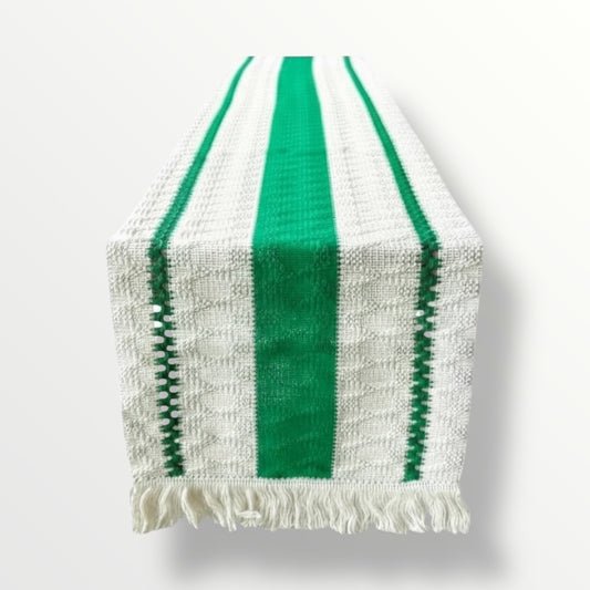 Green & Cream Cotton Crochet-Look Table Runner – Boho Inspired - 30 × 180cm